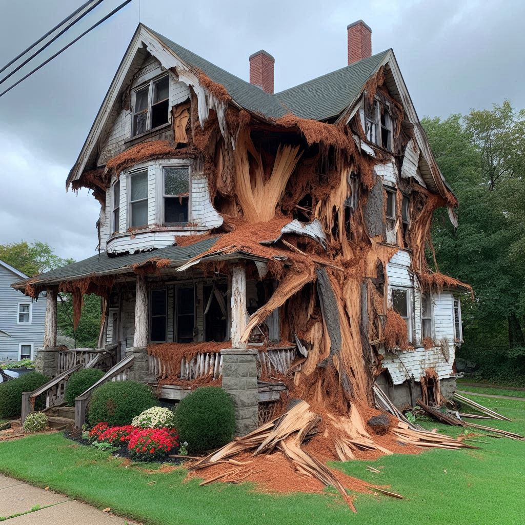 Damaged tree on an Sudbury home showing signs of disease and decay
